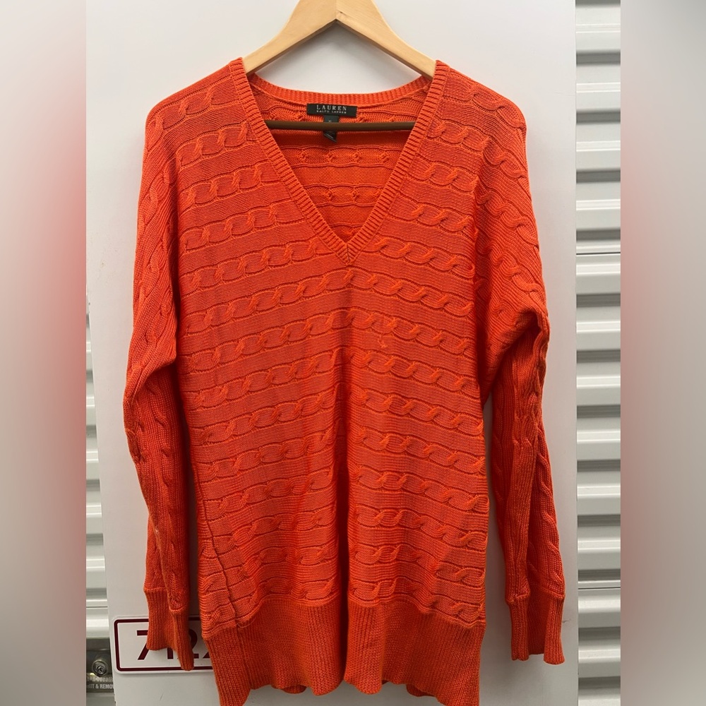 Ralph Lauren Orange Cable-Knit V-Neck Sweater